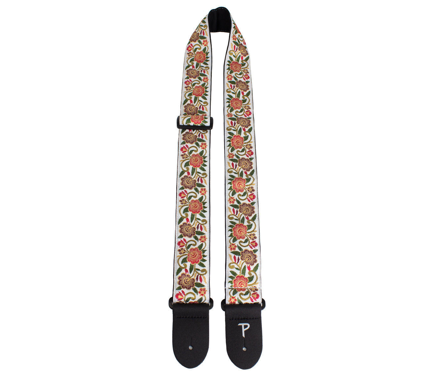 White with Floral Trail Jacquard Guitar Strap with Triglide