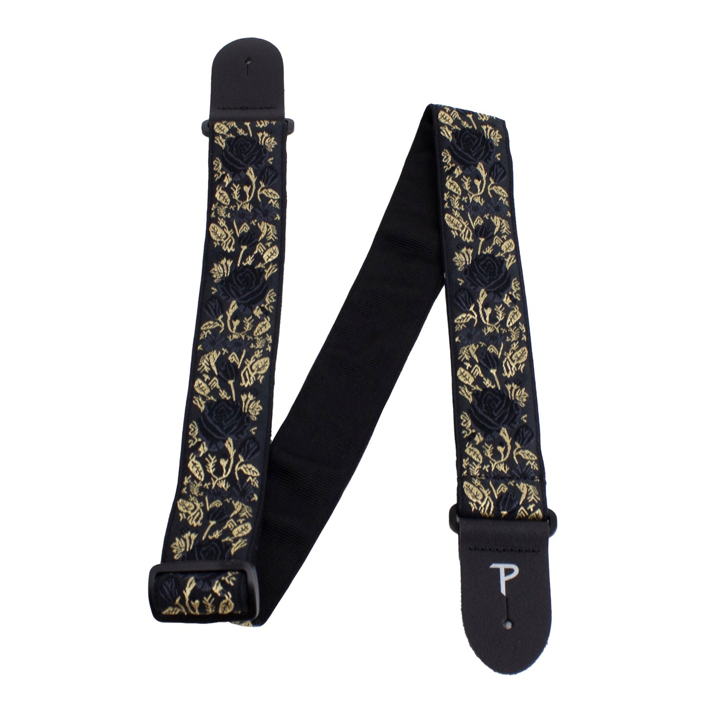 BLACK/GOLD ROSES ON BLACK JACQUARD GUITAR STRAP
