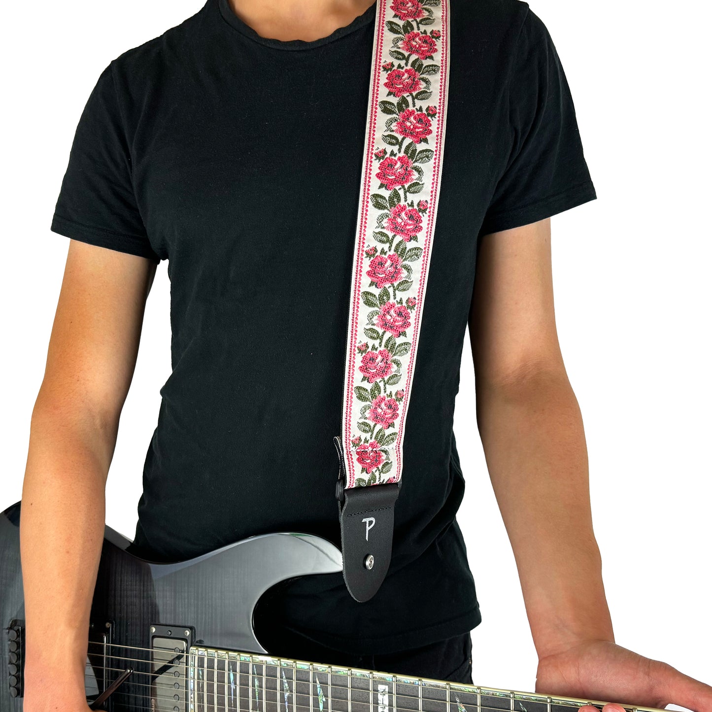RED ROSES ON WHITE JACQUARD GUITAR STRAP