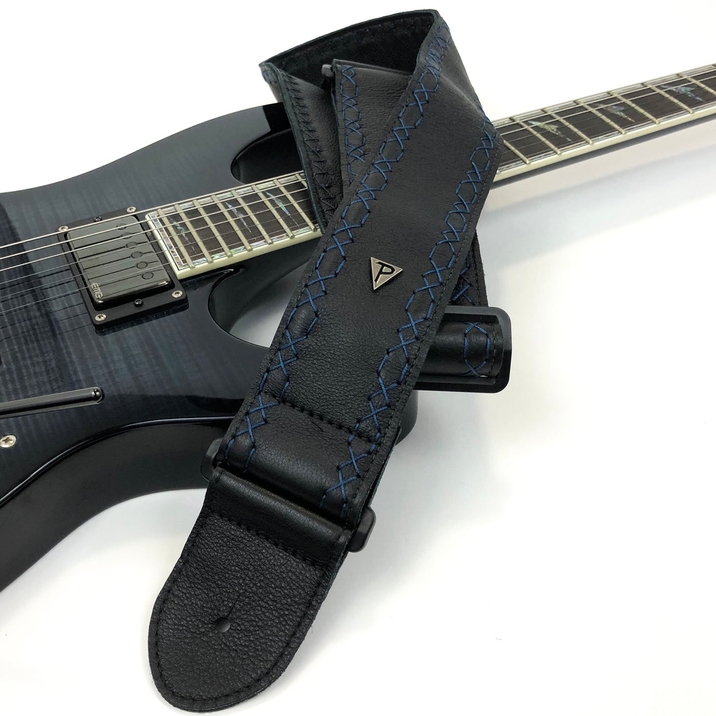 BLACK SOFT GLOVE LEATHER WITH BLUE FANCY STITCH GUITAR STRAP
