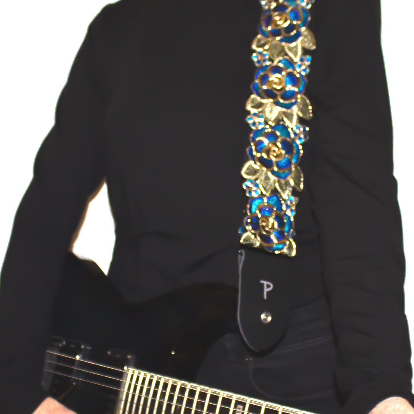 BLUE AND GOLD LACE RIBBON 3D STYLE FLORAL GUITAR STRAP