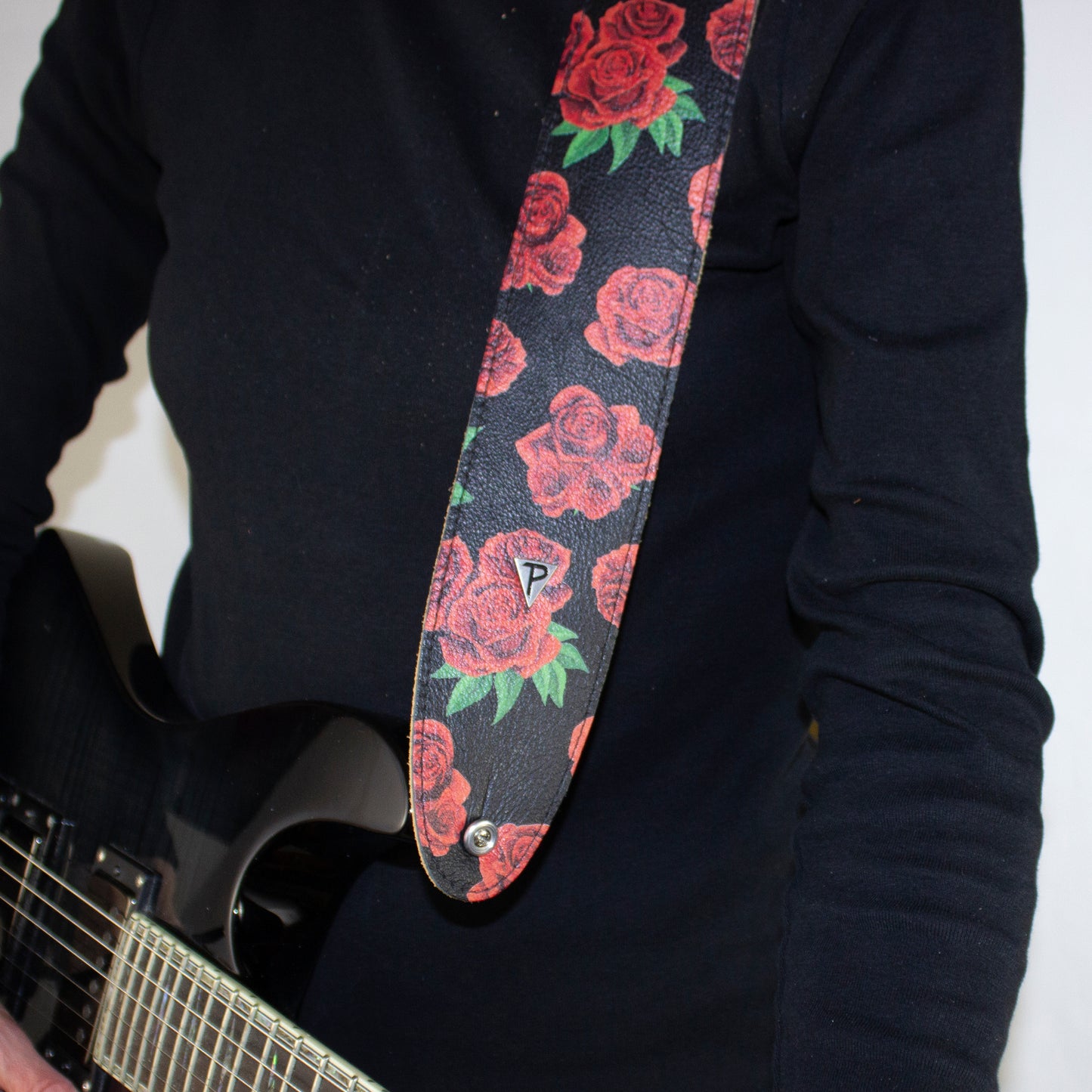 THE BOHO SERIES: DIRECT TO GARMENT LEATHER RED ROSE PRINT Guitar Strap