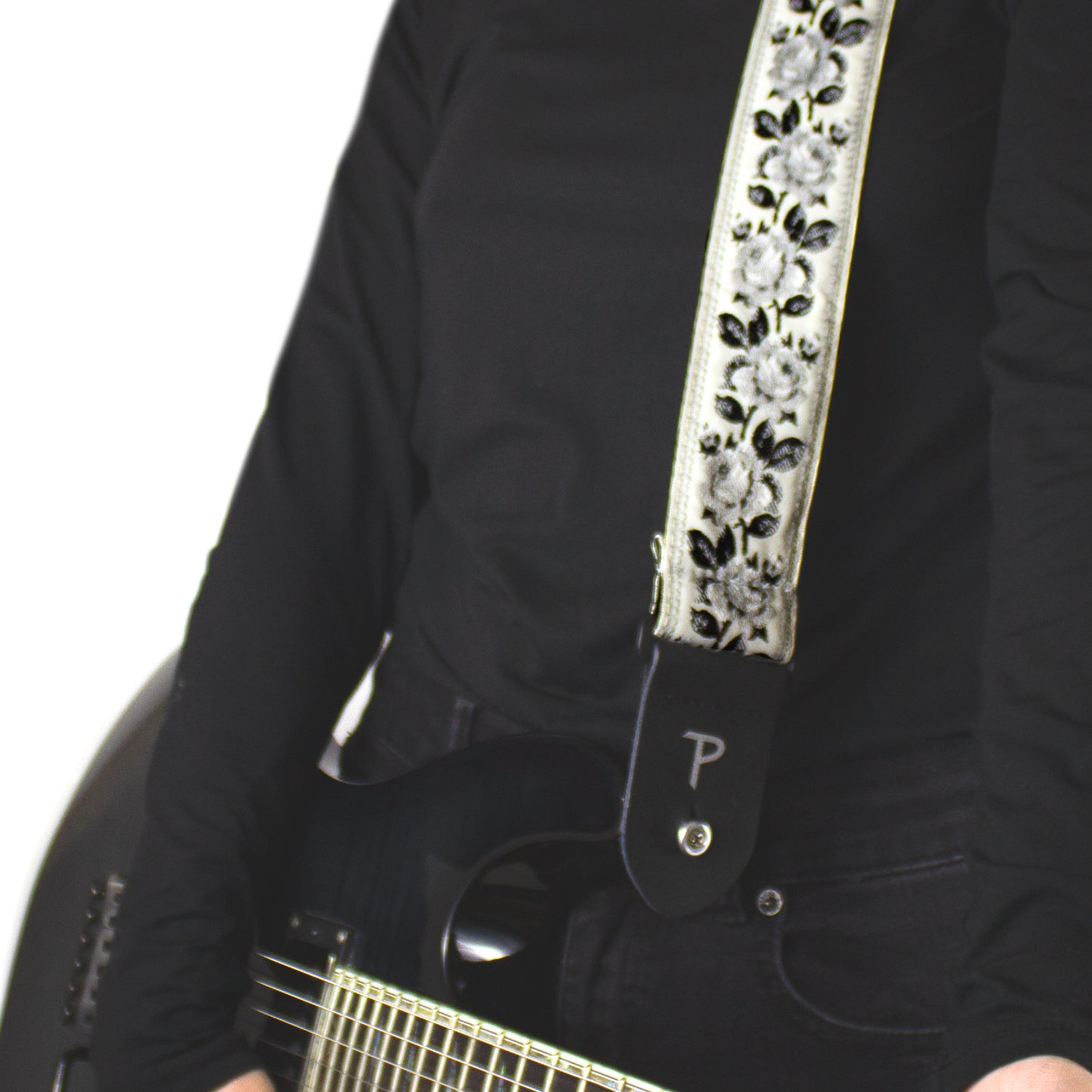 BLACK ROSES ON WHITE JACQUARD GUITAR STRAP