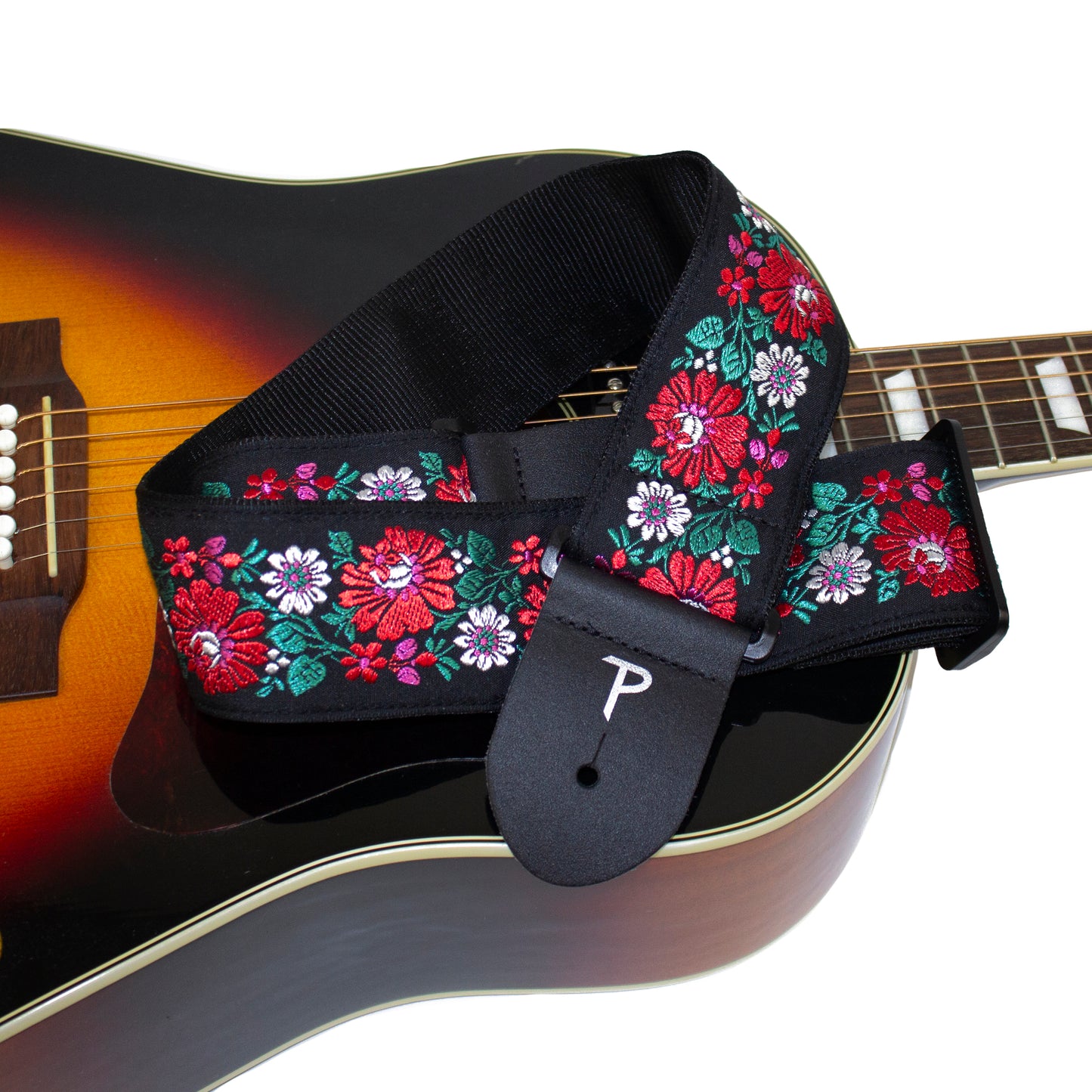 RED FLORAL ON BLACK JACQUARD GUITAR STRAP
