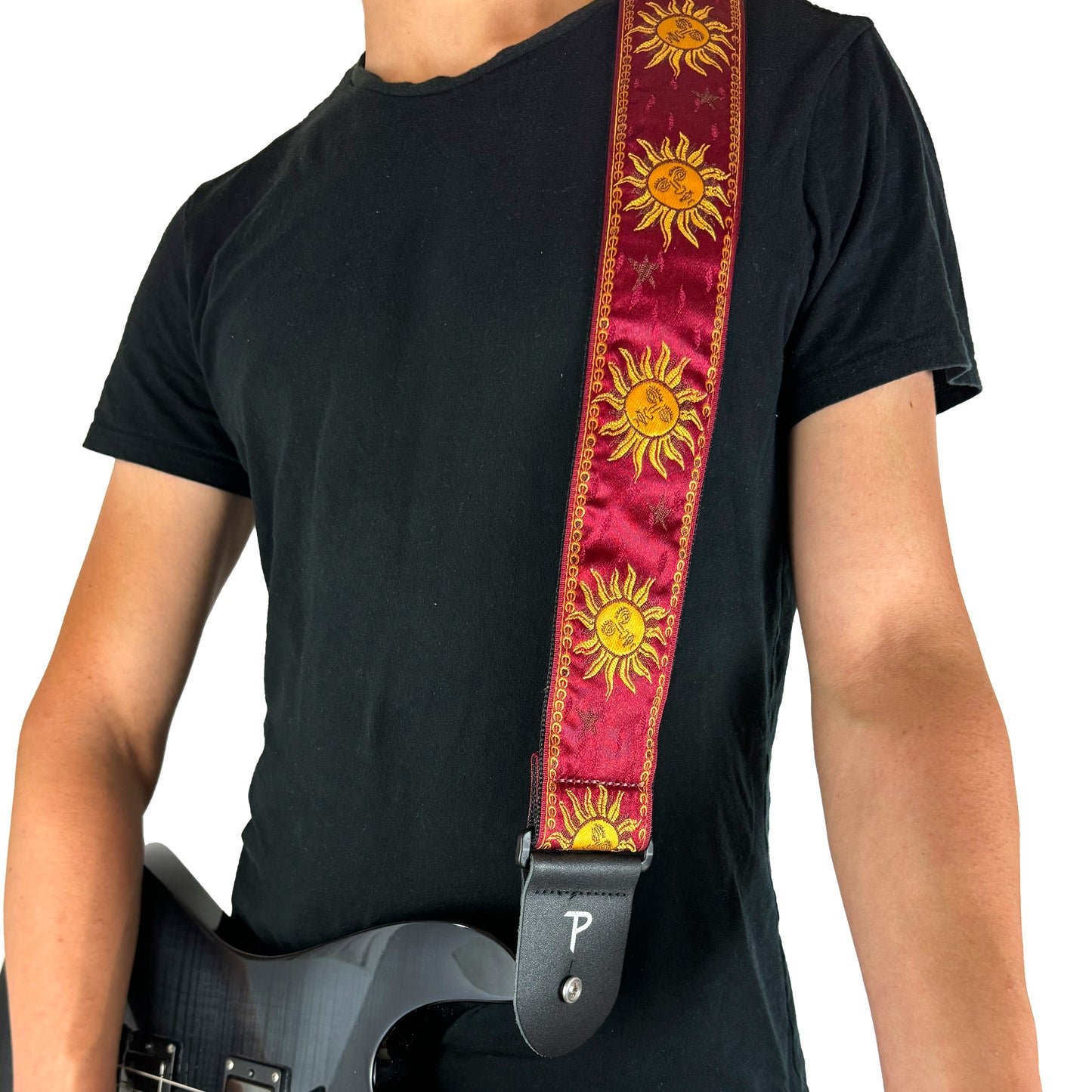 GOLD CELESTIAL ON BURGUNDY JACQUARD GUITAR STRAP