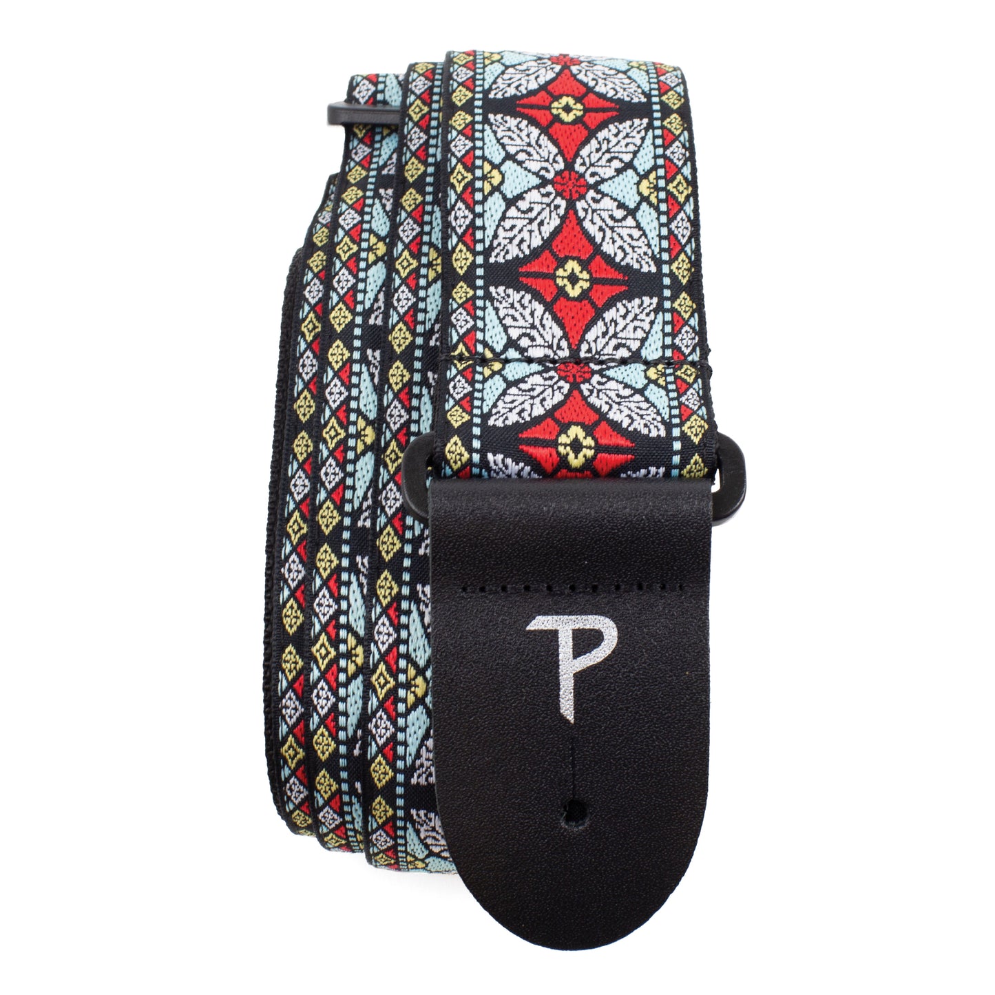 STAINED GLASS WINDOW GEOMETRIC FLORAL DESIGN JACQUARD GUITAR STRAP