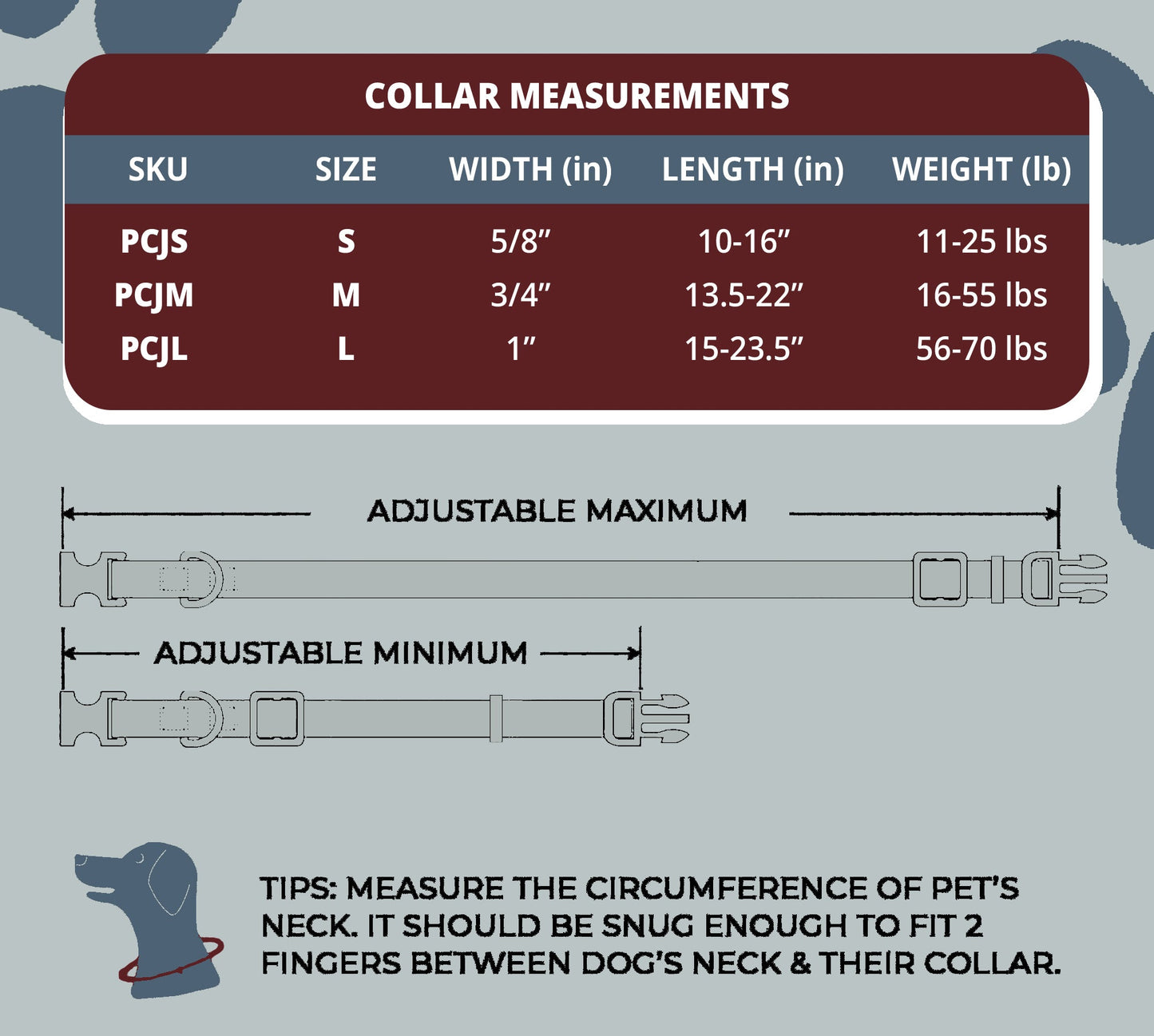 Perri's Pet Products, dog collars, royal bloom, size chart