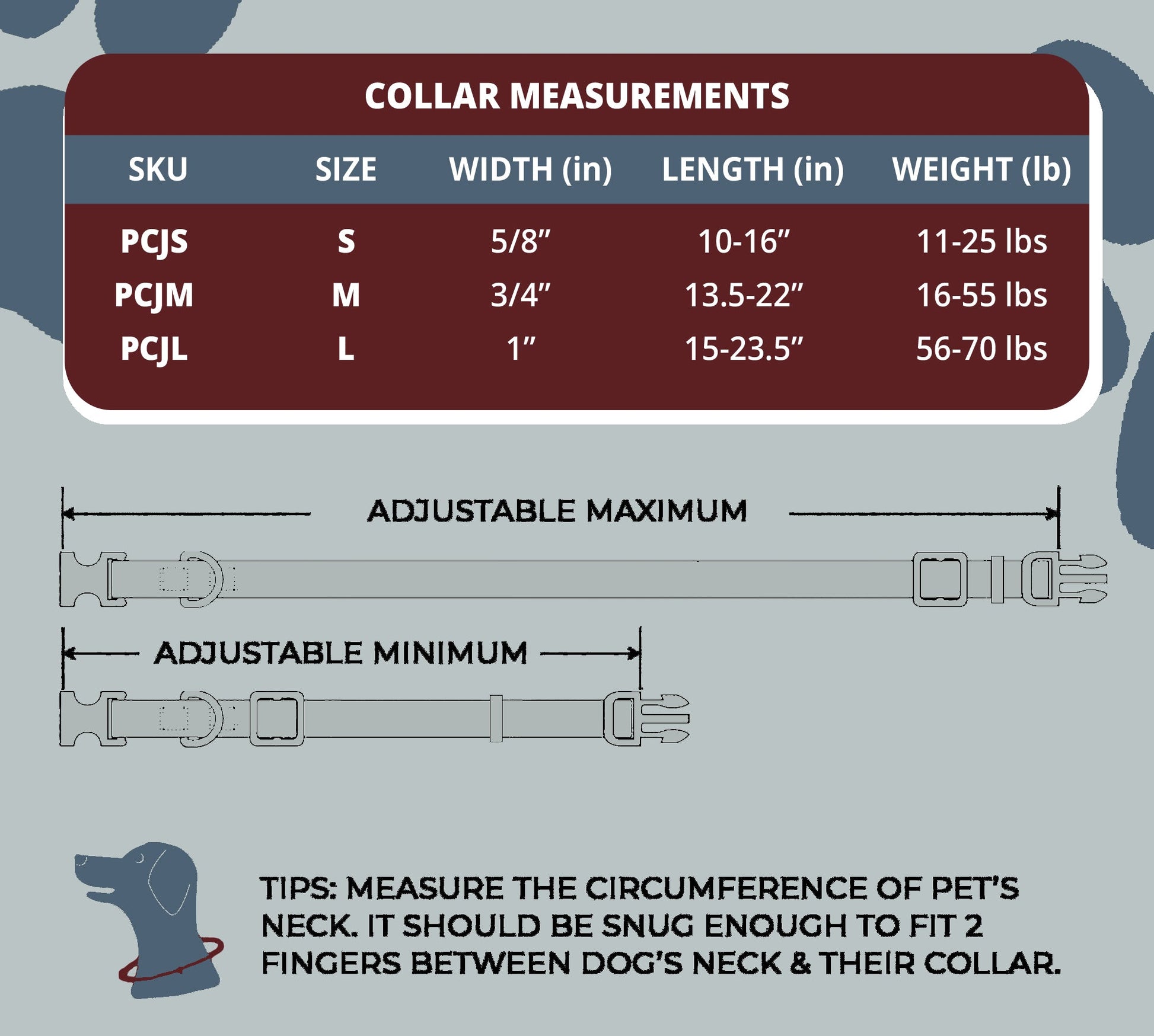 Perri's Pet Products, dog collars, royal bloom, size chart