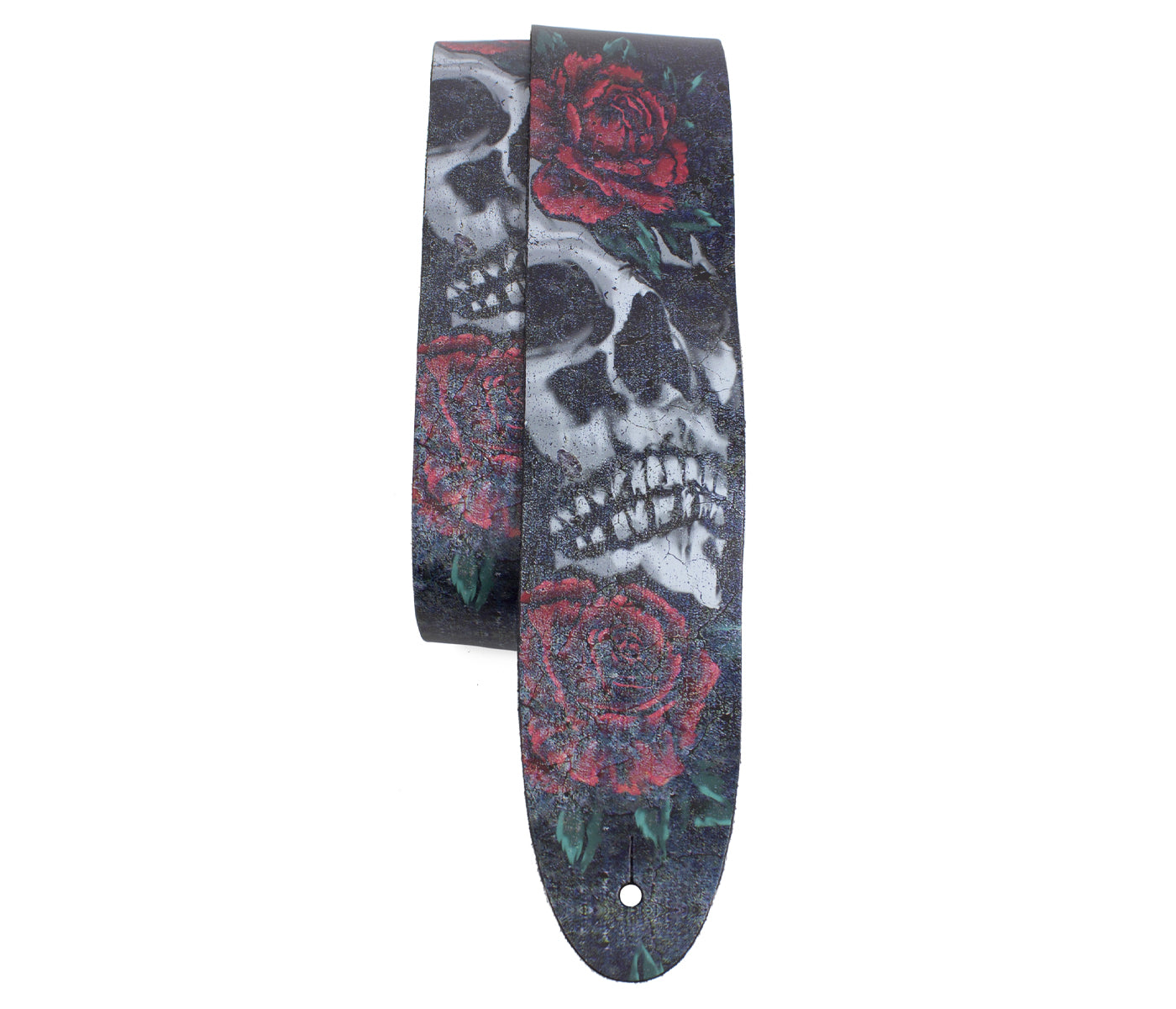 Skull And Roses Distressed Printed Leather Guitar Strap