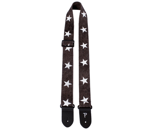 2 Deluxe White Stars on Distressed Grey Cotton Guitar Strap