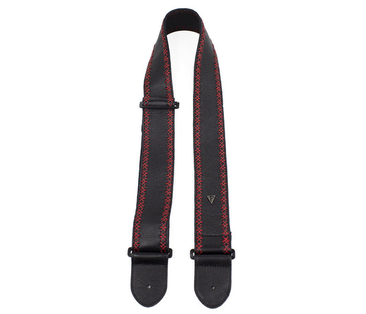 Soft Black Glove Leather With Red Fancy Stitch Guitar Strap