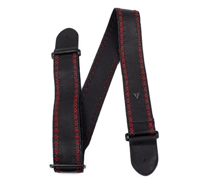 Soft Black Glove Leather With Red Fancy Stitch Guitar Strap