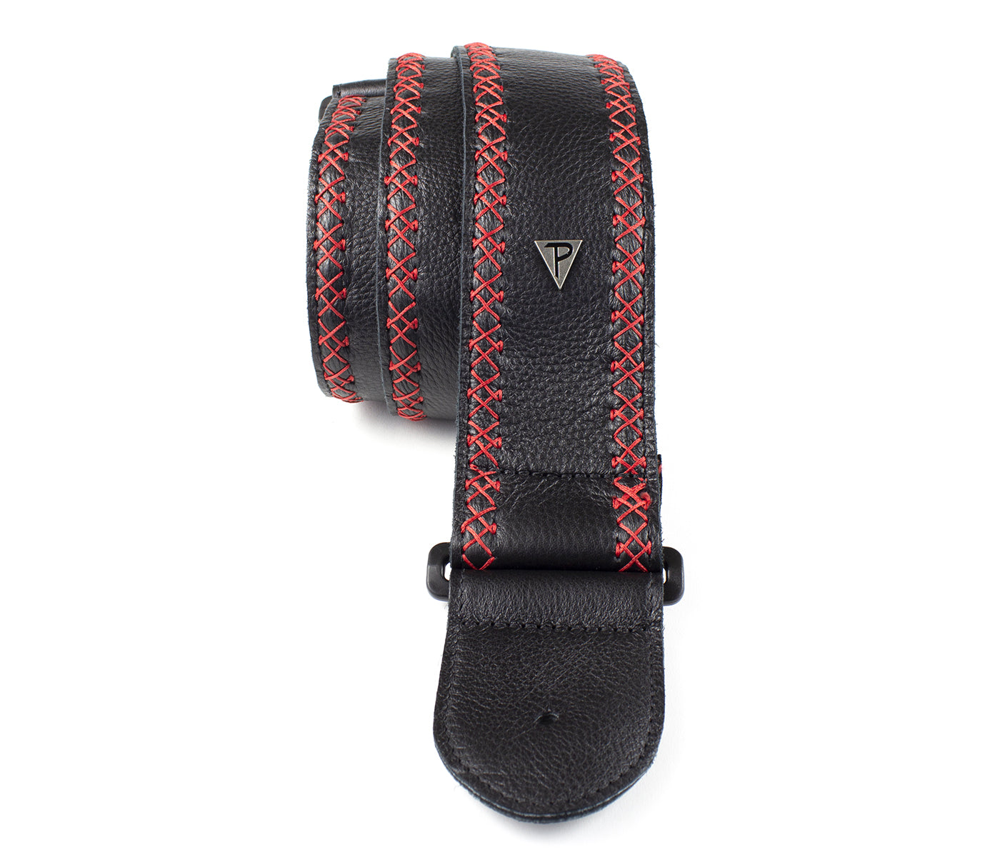 Soft Black Glove Leather With Red Fancy Stitch Guitar Strap