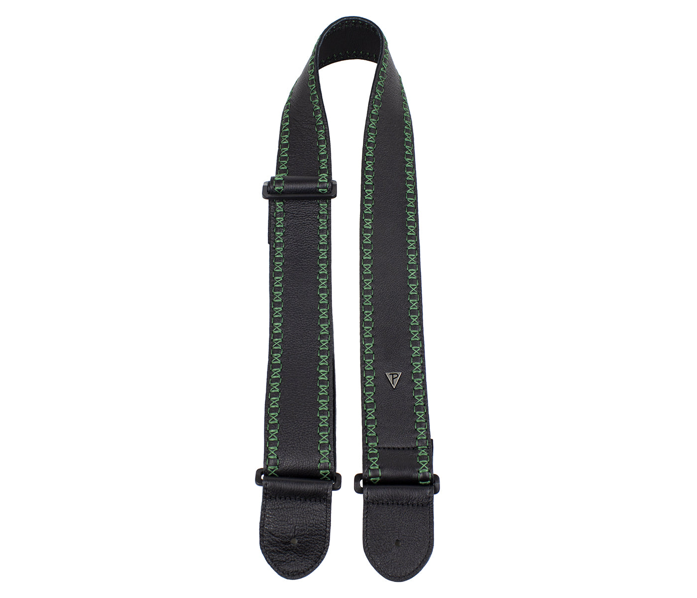 Soft Black Glove Leather With Green Fancy Stitch Guitar Strap