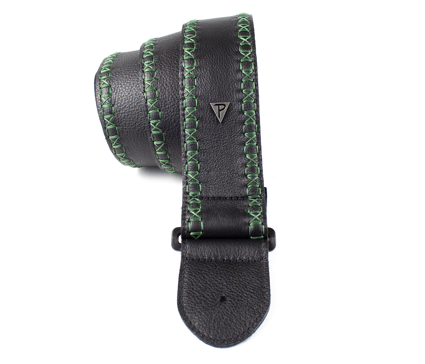 Soft Black Glove Leather With Green Fancy Stitch Guitar Strap