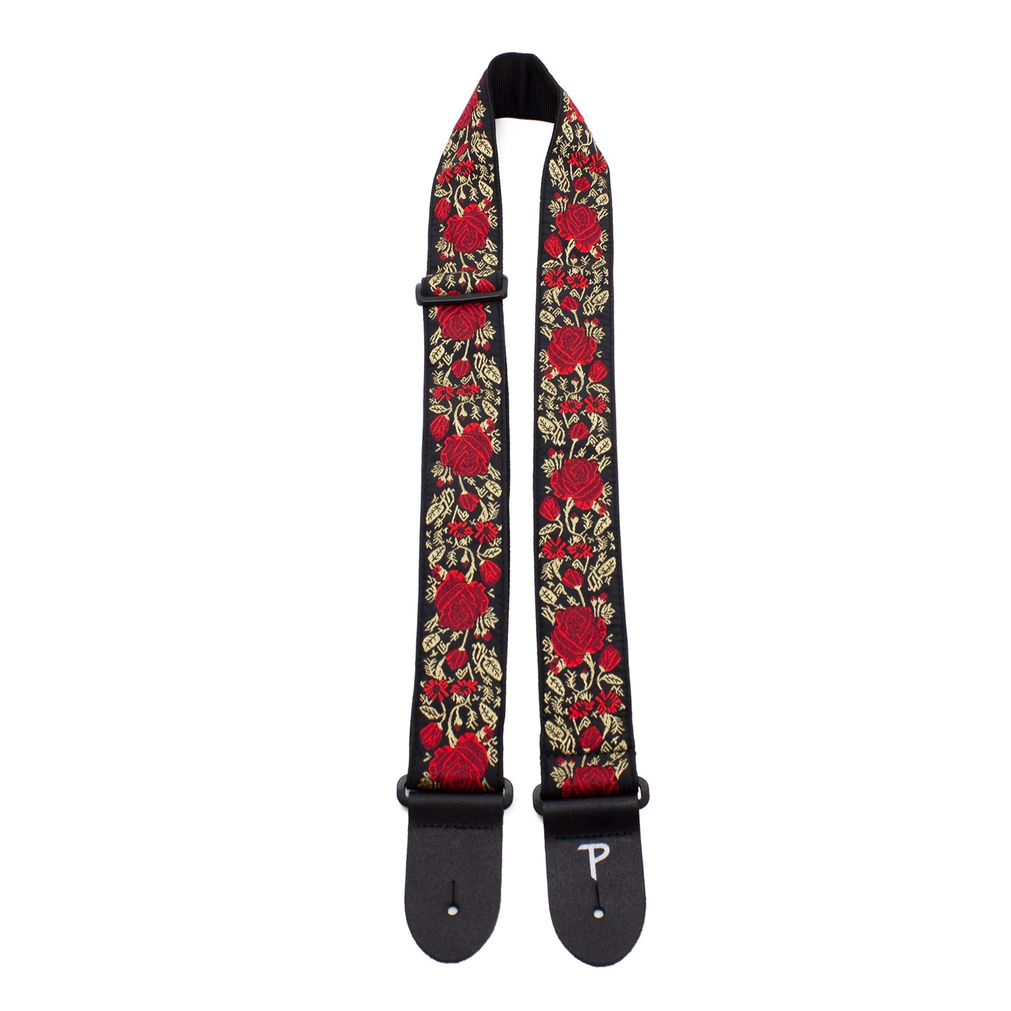 2 RED/GOLD ROSES ON BLACK JACQUARD GUITAR STRAP