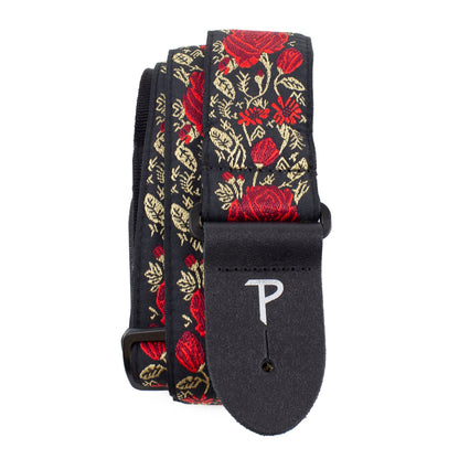 2 RED/GOLD ROSES ON BLACK JACQUARD GUITAR STRAP