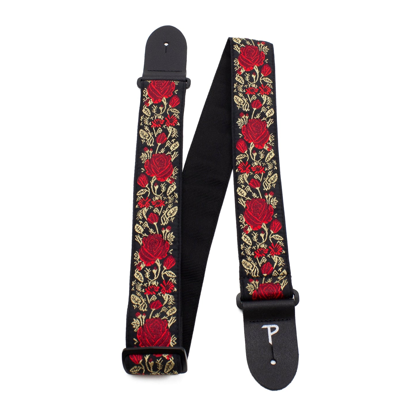 2 RED/GOLD ROSES ON BLACK JACQUARD GUITAR STRAP