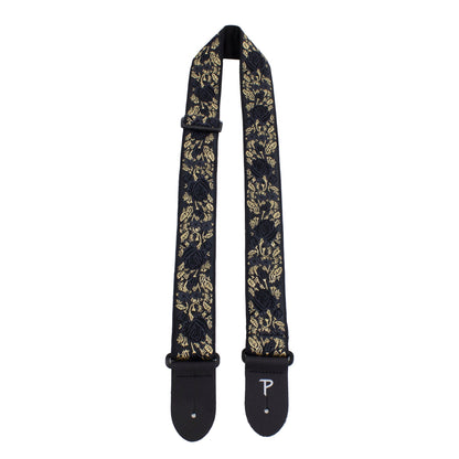 2 BLACK/GOLD ROSES ON BLACK JACQUARD GUITAR STRAP