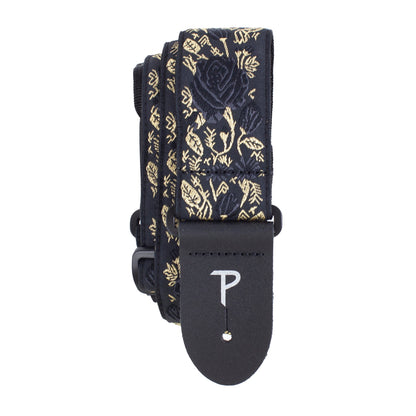 2 BLACK/GOLD ROSES ON BLACK JACQUARD GUITAR STRAP