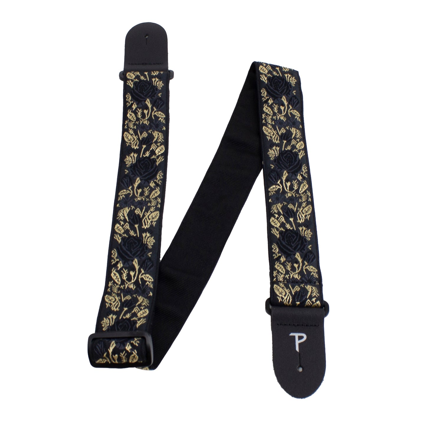 2 BLACK/GOLD ROSES ON BLACK JACQUARD GUITAR STRAP