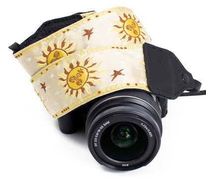 Cream / yellow sun jacquard camera strap.