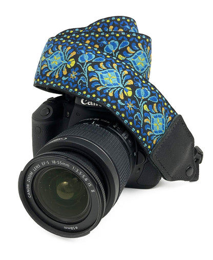 Blue medallion jacquard camera strap.