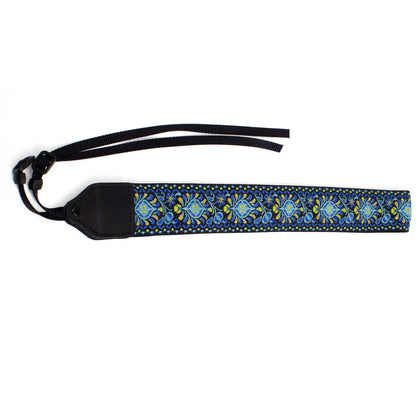 Blue medallion jacquard camera strap.