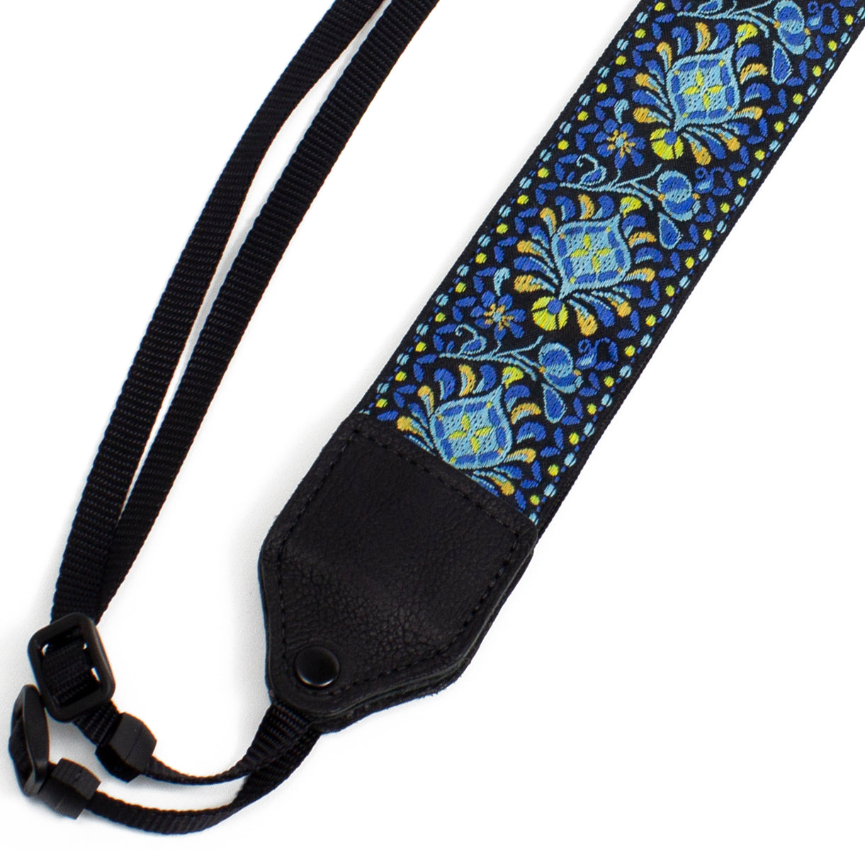 Blue medallion jacquard camera strap.