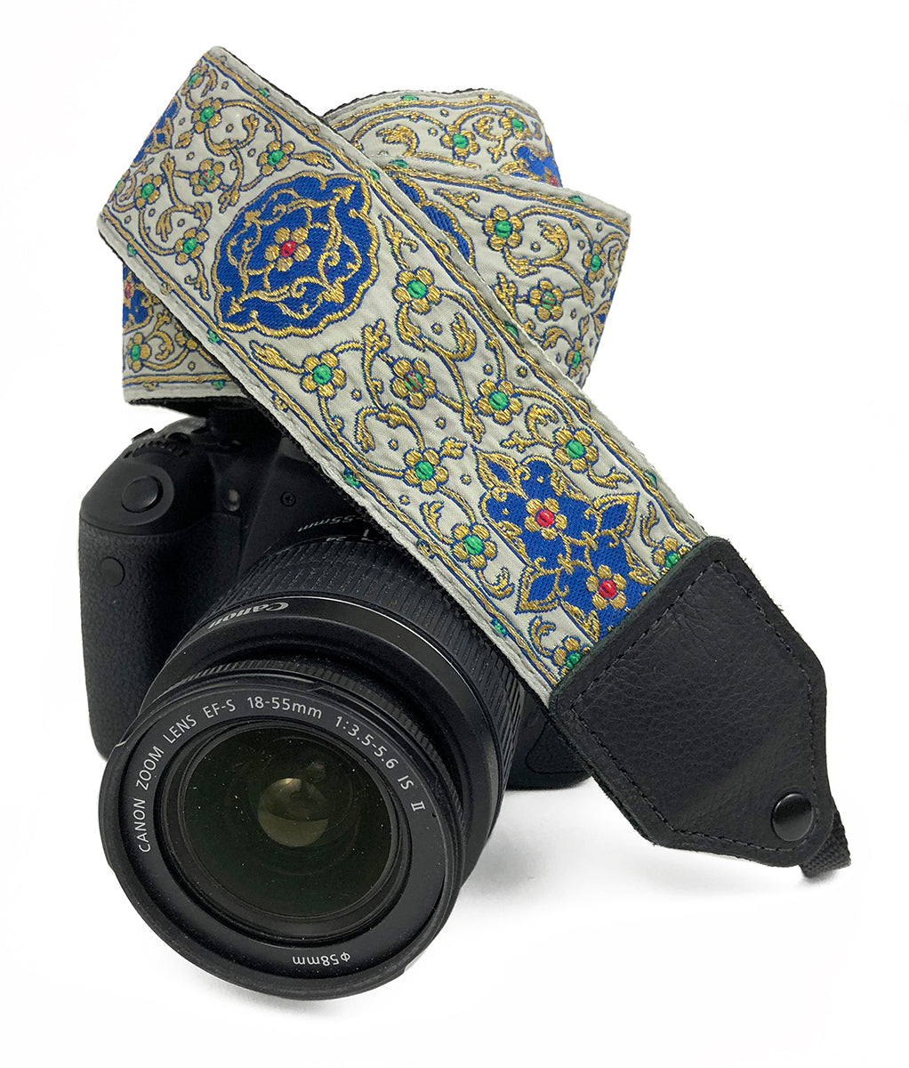 Gold floral trail jacquard camera strap.