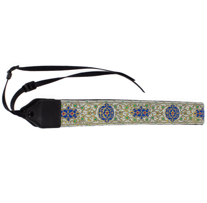 Gold floral trail jacquard camera strap.