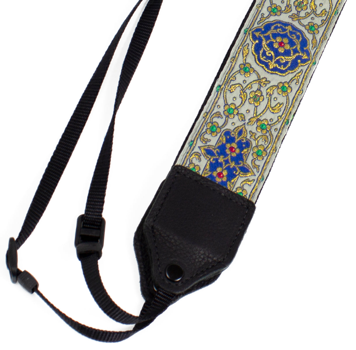 Gold floral trail jacquard camera strap.