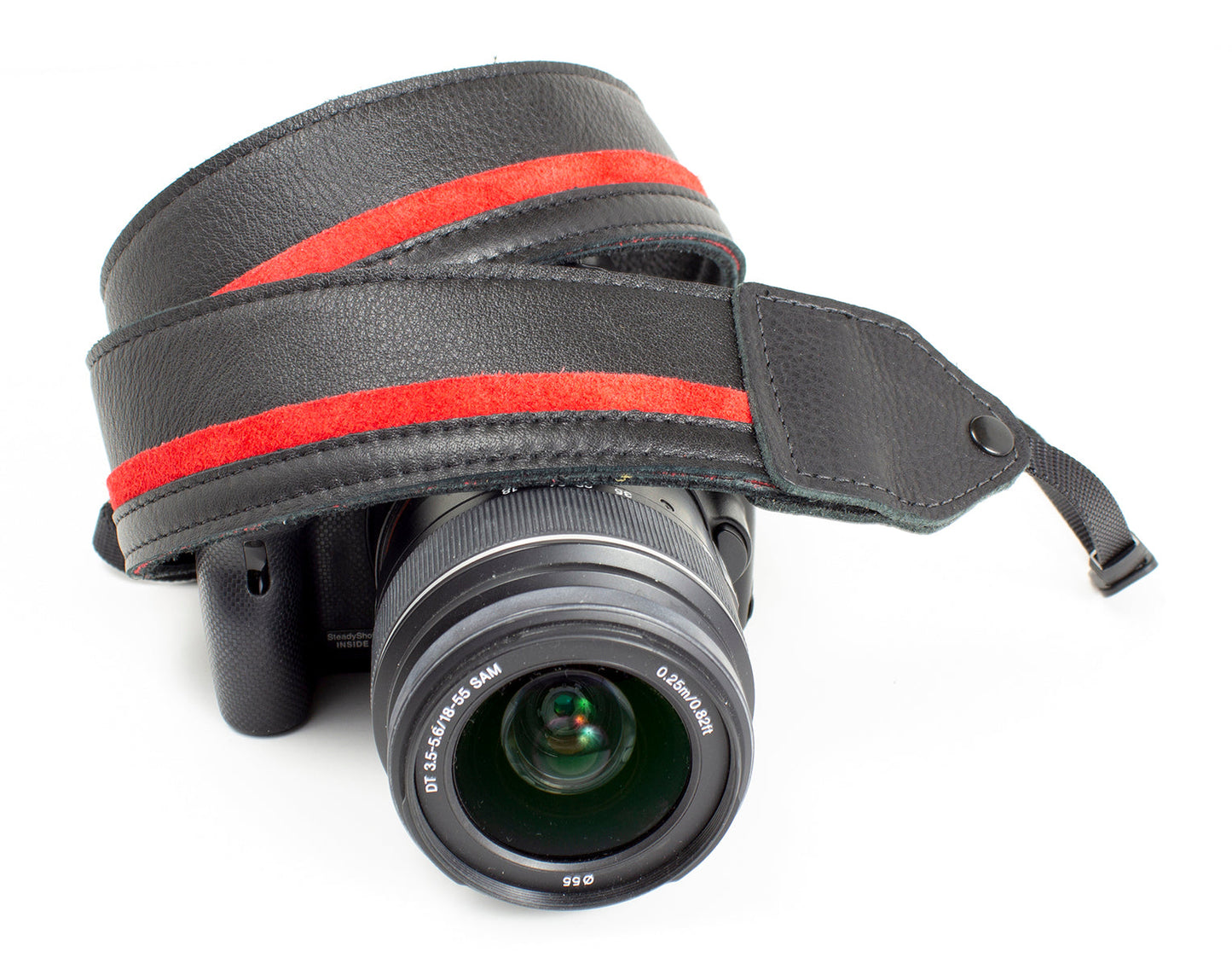 Black / red racing stripe leather camera strap.