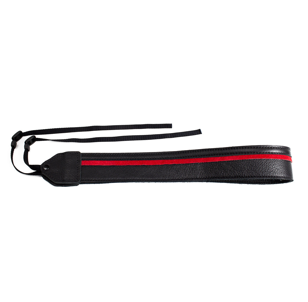 Black / red racing stripe leather camera strap.