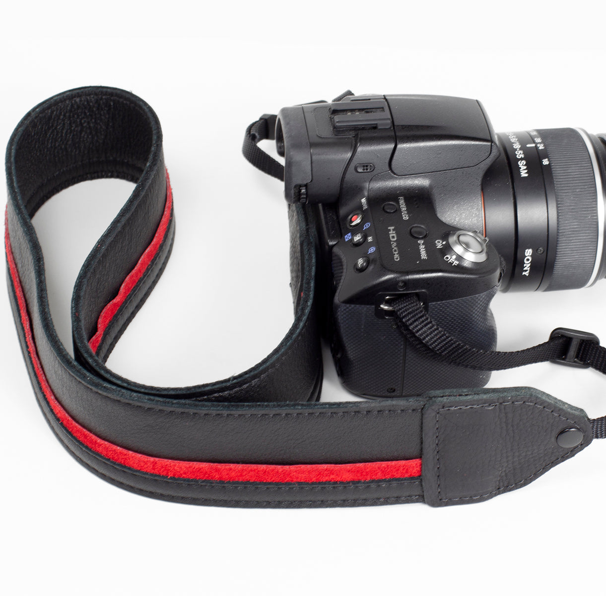 Black / red racing stripe leather camera strap.