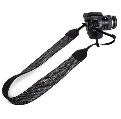 Gray tweed herringbone wool camera strap.