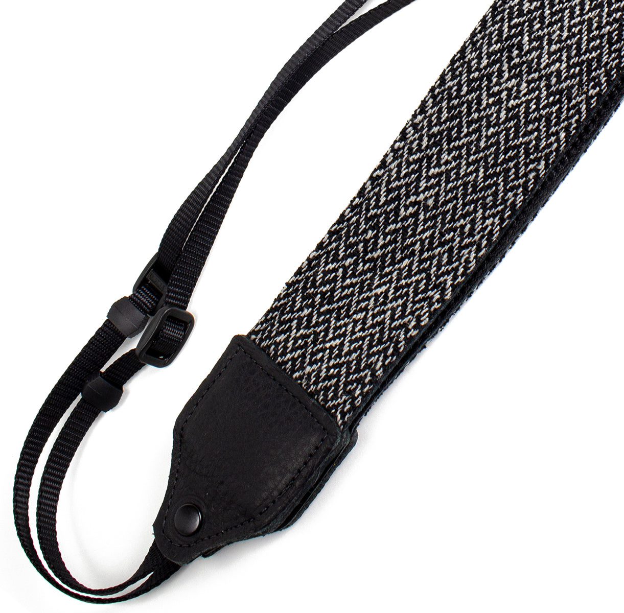 Gray tweed herringbone wool camera strap.