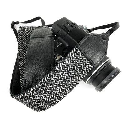 Gray tweed herringbone wool camera strap.