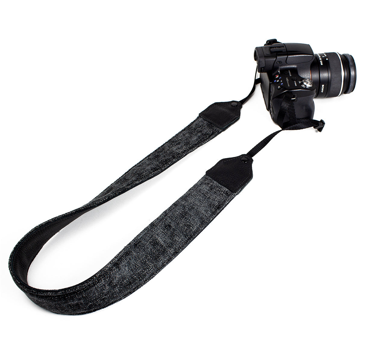 Gray wool camera strap.