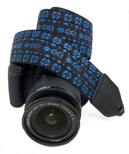 Blue / white geo hootenanny nylon camera strap.