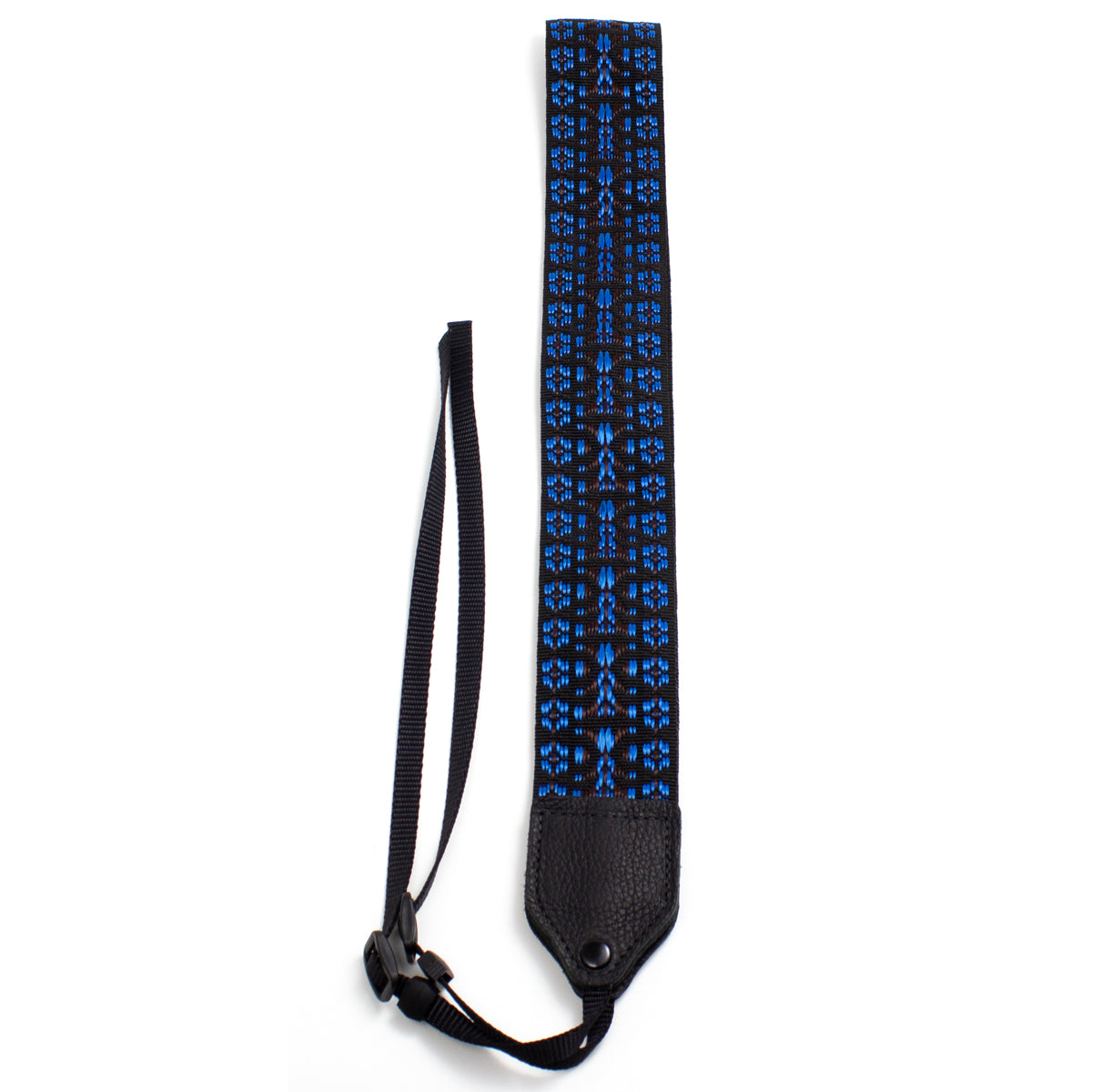 Blue / white geo hootenanny nylon camera strap.