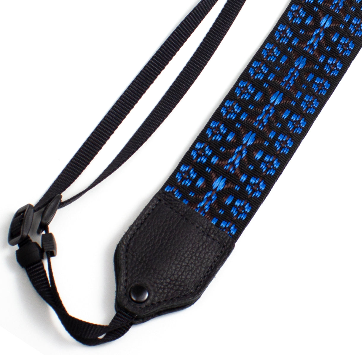 Blue / white geo hootenanny nylon camera strap.