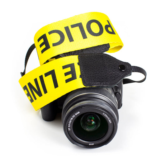 Police Line polyester camera strap.