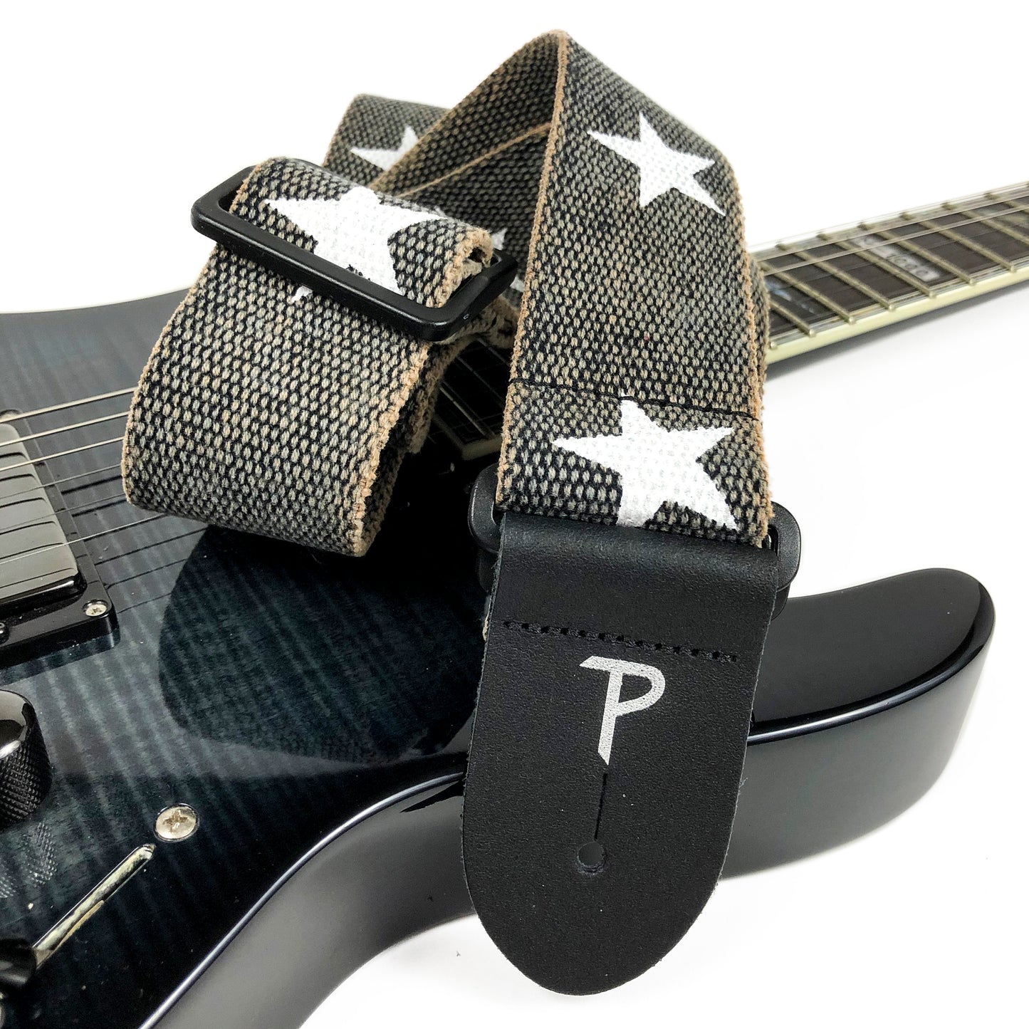 Deluxe White Stars on Distressed Grey Cotton Guitar Strap