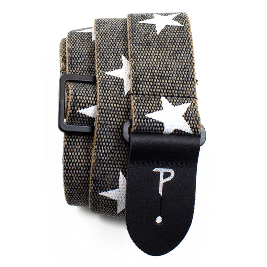 Deluxe White Stars on Distressed Grey Cotton Guitar Strap