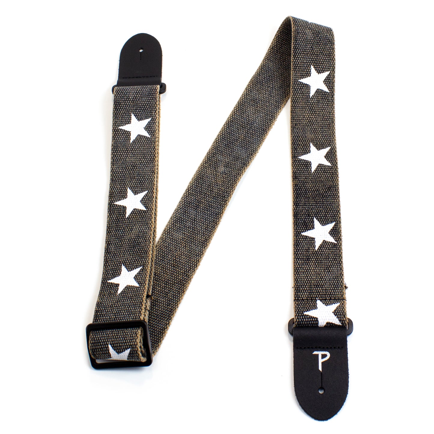 Deluxe White Stars on Distressed Grey Cotton Guitar Strap
