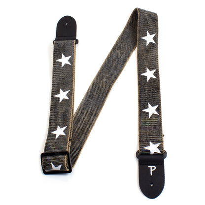 Deluxe White Stars on Distressed Grey Cotton Guitar Strap