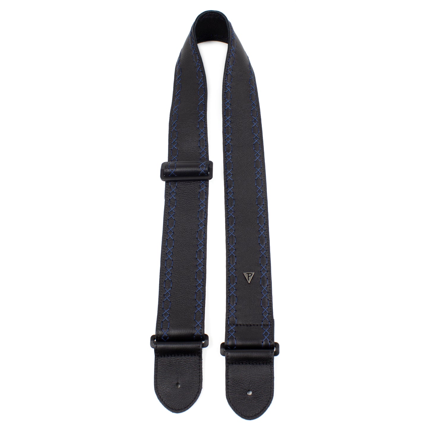 BLACK SOFT GLOVE LEATHER WITH BLUE FANCY STITCH GUITAR STRAP