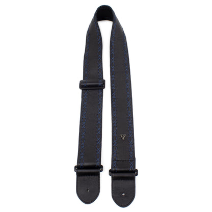 BLACK SOFT GLOVE LEATHER WITH BLUE FANCY STITCH GUITAR STRAP