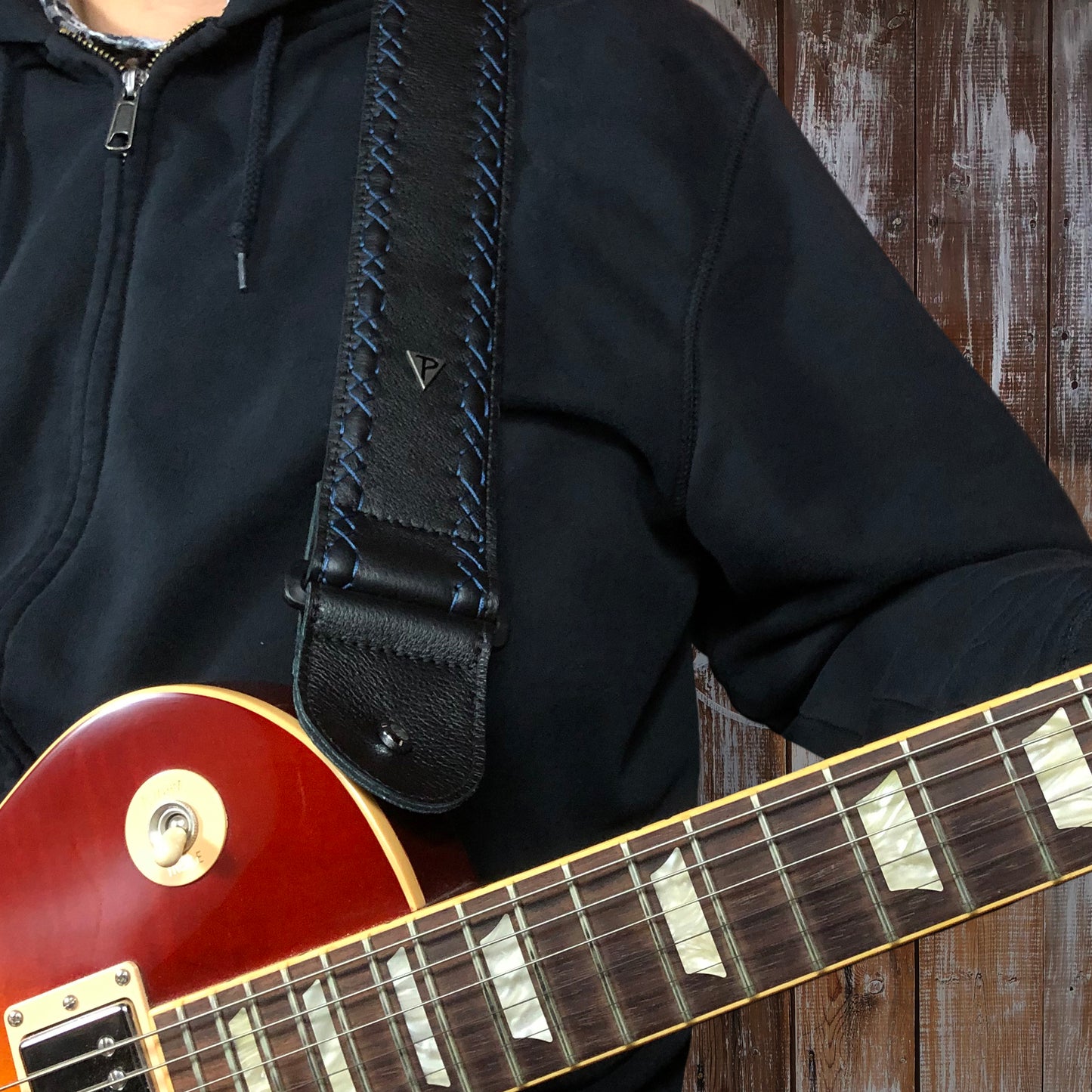 BLACK SOFT GLOVE LEATHER WITH BLUE FANCY STITCH GUITAR STRAP